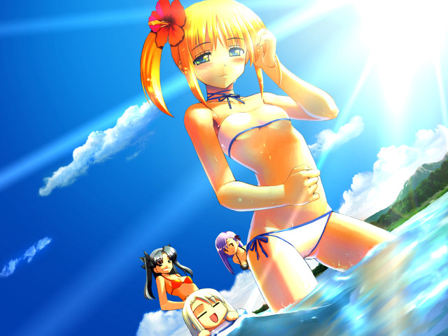 Cartoon girl surfboard beach bikini free wallpaper for desktop - medium preview image