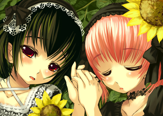 Anime girls sunflowers daisies holding free wallpaper for desktop - medium preview image