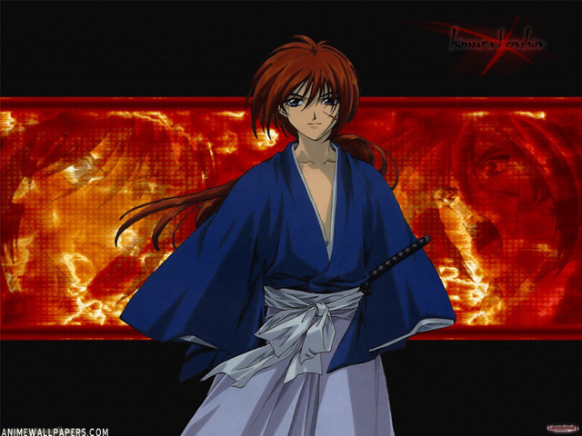 Woman blue kimono sword flames free wallpaper for desktop - medium preview image