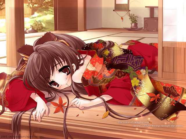 Gothic anime woman redkimono autumn free wallpaper for desktop - medium preview image