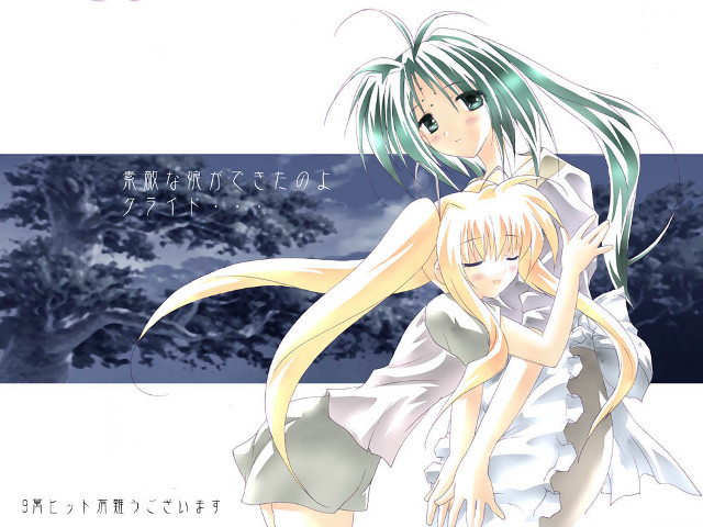 Anime girls hug snow tree free wallpaper for desktop - medium preview image