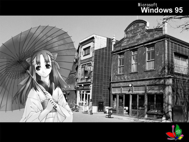 Woman umbrella building windows95 netart free wallpaper for desktop - medium preview image