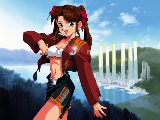 Woman cyberpunk redjacket gun beach free wallpaper for desktop - medium preview image