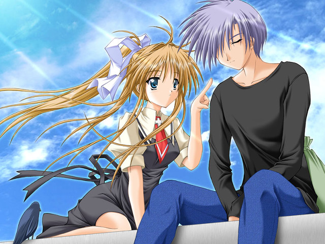 Anime couple sitting ledge sky free wallpaper for desktop - medium preview image