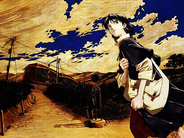 Woman walking dirtroad bag train free wallpaper for desktop - medium preview image