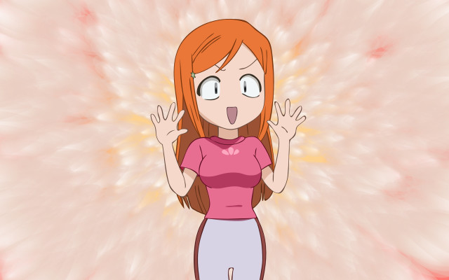 Cartoon girl redhair pinkshirt waving free wallpaper for desktop - medium preview image