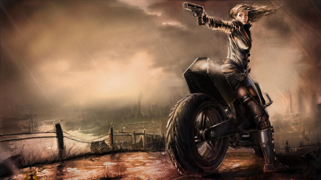 Woman motorcycle gun city background free wallpaper for desktop - medium preview image