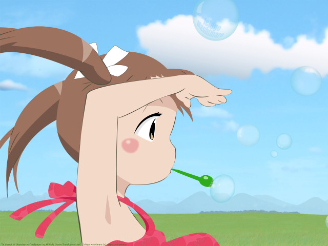 Cartoon girl bubbles field clouds free wallpaper for desktop - medium preview image
