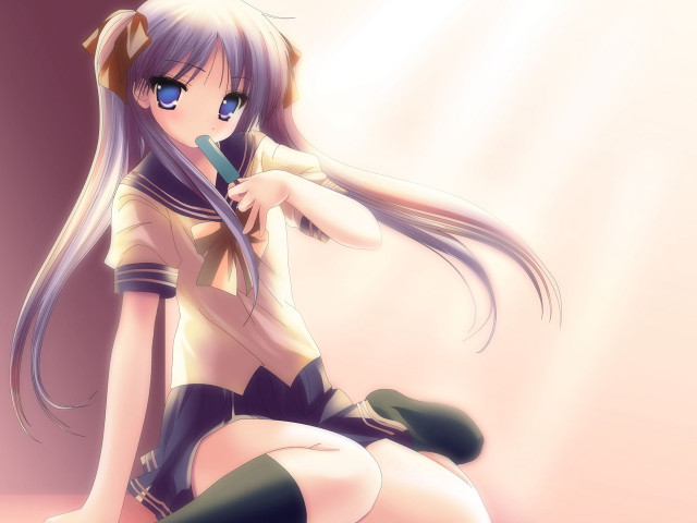 Long haired woman anime sitting free wallpaper for desktop - medium preview image