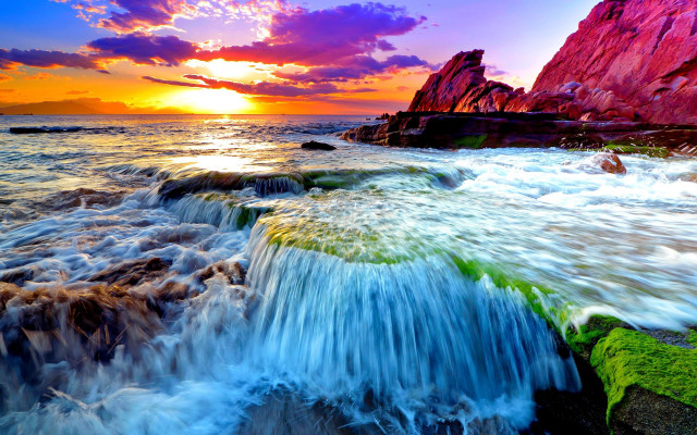 Colorful sunset rocky beach waves free wallpaper for desktop - medium preview image