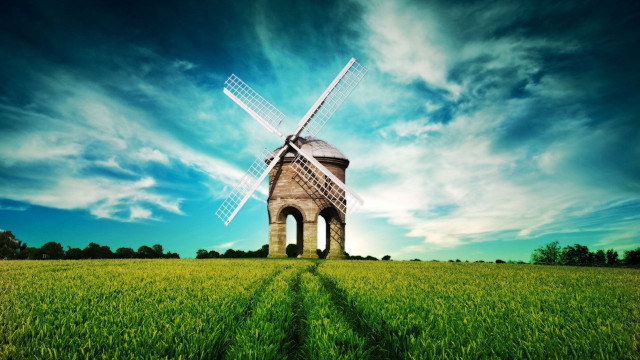 Windmill field blue sky path free wallpaper for desktop - medium preview image