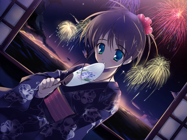 Girl kimono fireworks city view free wallpaper for desktop - medium preview image