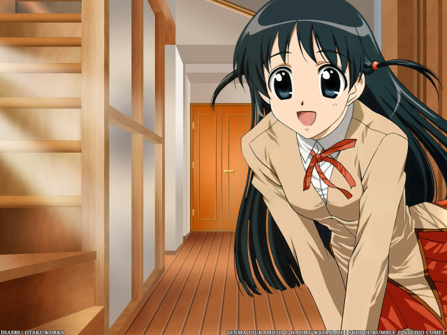 Girl school uniform hallway suitcase free wallpaper for desktop - medium preview image