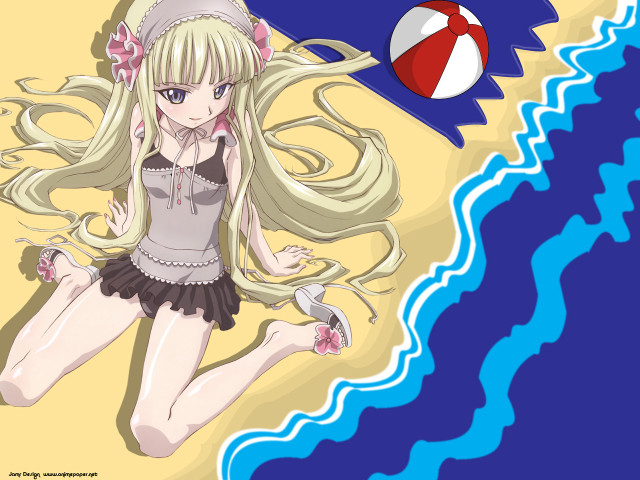 Girl beach ball anime sitting free wallpaper for desktop - medium preview image