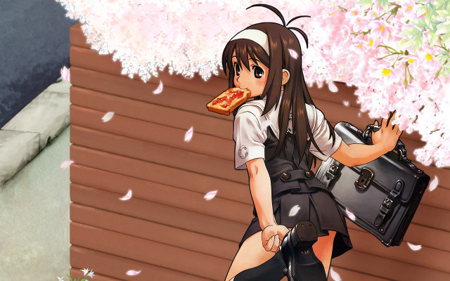 Girl bag pizza cherryblossoms anime free wallpaper for desktop - medium preview image