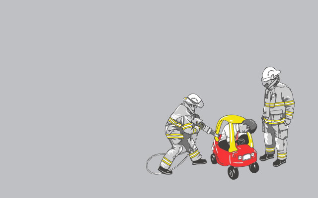 Fireman pushing small car gray free wallpaper for desktop - medium preview image