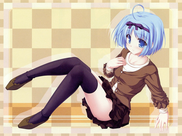 Bluehair woman checkered floor crossedlegs free wallpaper for desktop - medium preview image