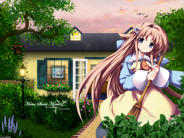 Girl broom street garden anime free wallpaper for desktop - medium preview image