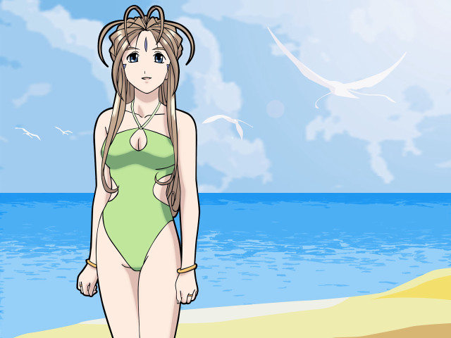 Cartoon woman green swimsuit beach free wallpaper for desktop - medium preview image