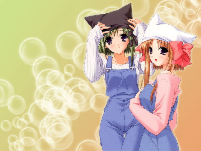 Anime girls hats overalls pillows free wallpaper for desktop - medium preview image