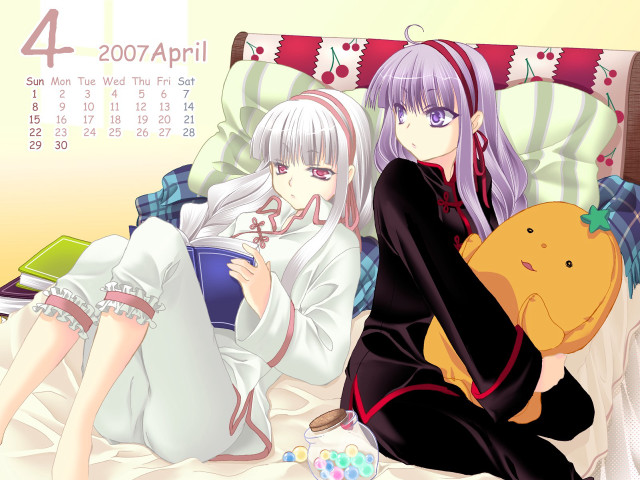 Anime girls bed teddy calendar free wallpaper for desktop - medium preview image