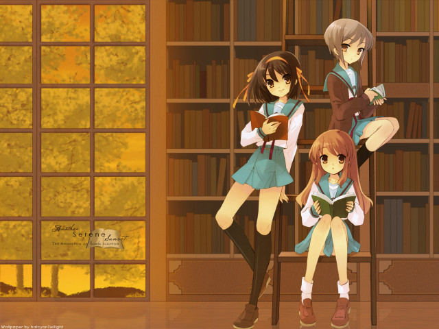 Three girls library reading kimono free wallpaper for desktop - medium preview image