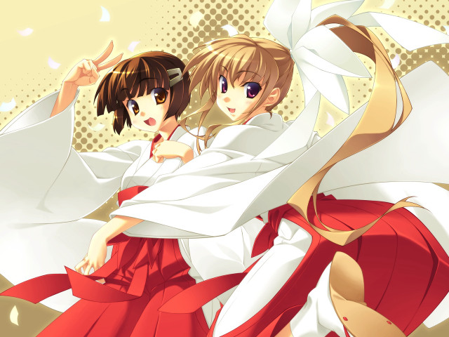 Anime girls red white hakama free wallpaper for desktop - medium preview image