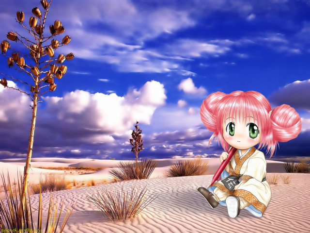 Girl sand dune tree clouds free wallpaper for desktop - medium preview image