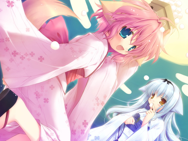 Pink fox kimono anime yukata free wallpaper for desktop - medium preview image