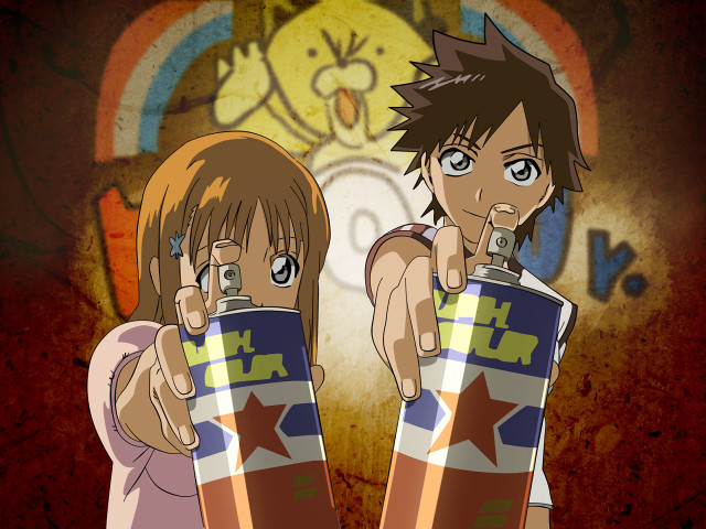 Anime graffiti characters gun holding free wallpaper for desktop - medium preview image