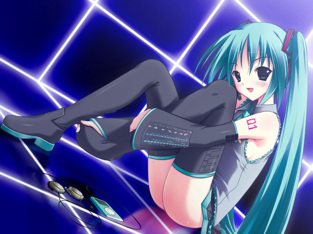 Blue haired girl sitting hugs free wallpaper for desktop - medium preview image