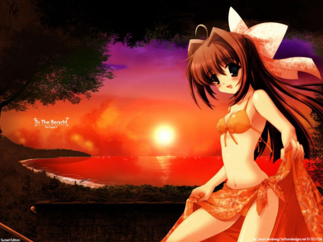 Sunset beach anime woman cat free wallpaper for desktop - medium preview image