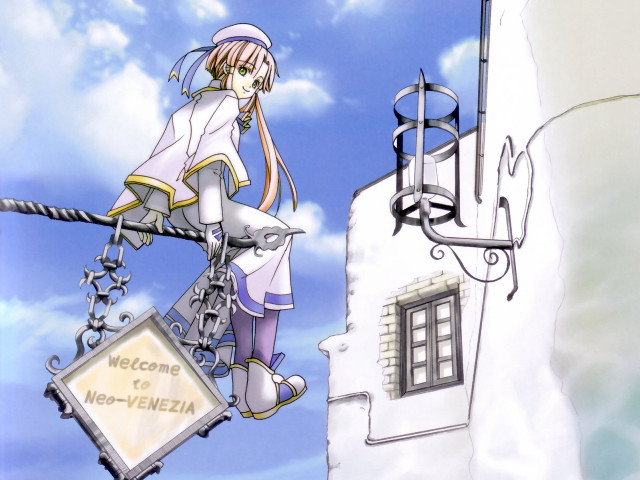 Cartoon girl hanging sign building free wallpaper for desktop - medium preview image