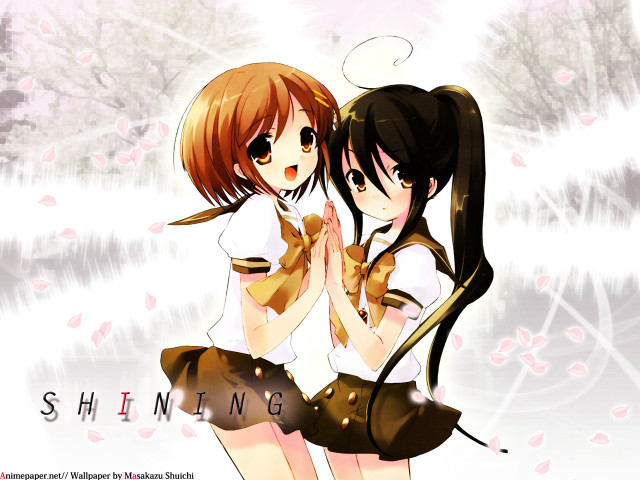 Anime girls hug snowy flower free wallpaper for desktop - medium preview image