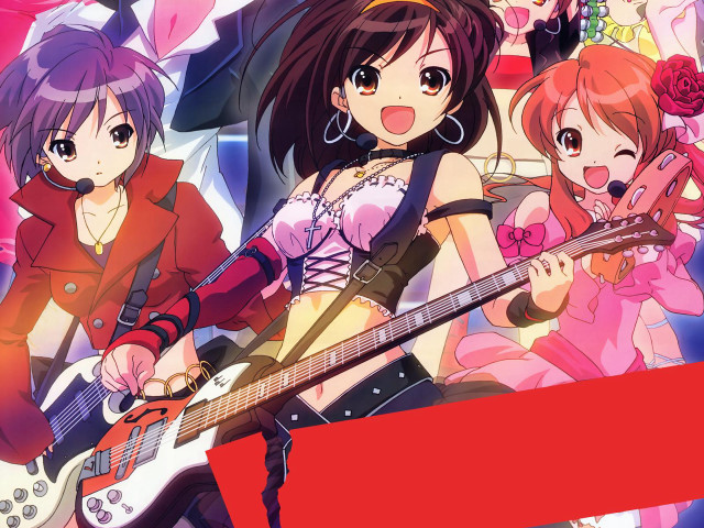 Anime girls guitars pink outfits free wallpaper for desktop - medium preview image