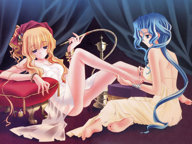 Anime girls red chair blue free wallpaper for desktop - medium preview image