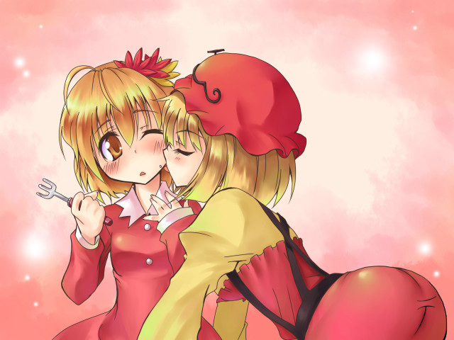 Anime hug kiss pink background free wallpaper for desktop - medium preview image