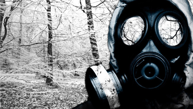 Man gas mask forest trees free wallpaper for desktop - medium preview image