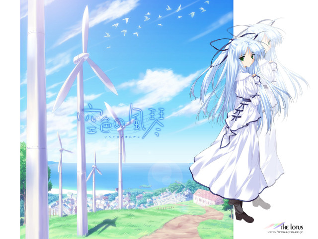 Woman white dress windmills blue free wallpaper for desktop - medium preview image