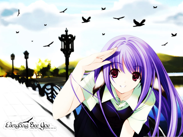 Purple haired girl birds flying free wallpaper for desktop - medium preview image