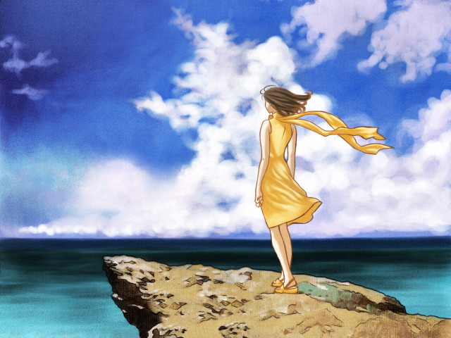 Woman yellow dress ocean wind free wallpaper for desktop - medium preview image