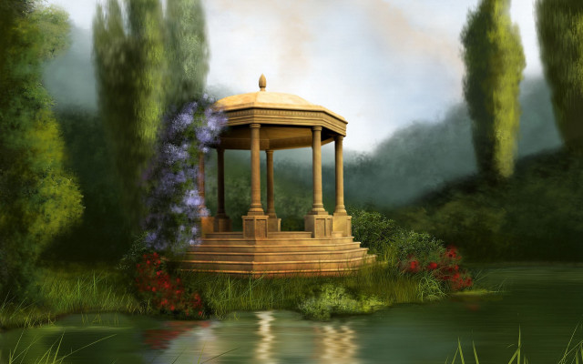 Gazebo park flowers pond painting free wallpaper for desktop - medium preview image