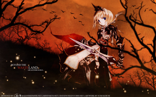 Girl sword field trees birds free wallpaper for desktop - medium preview image