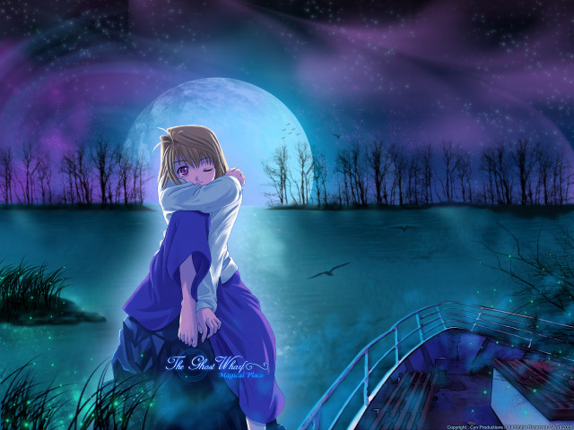 Girl blue dress hugging moon free wallpaper for desktop - medium preview image