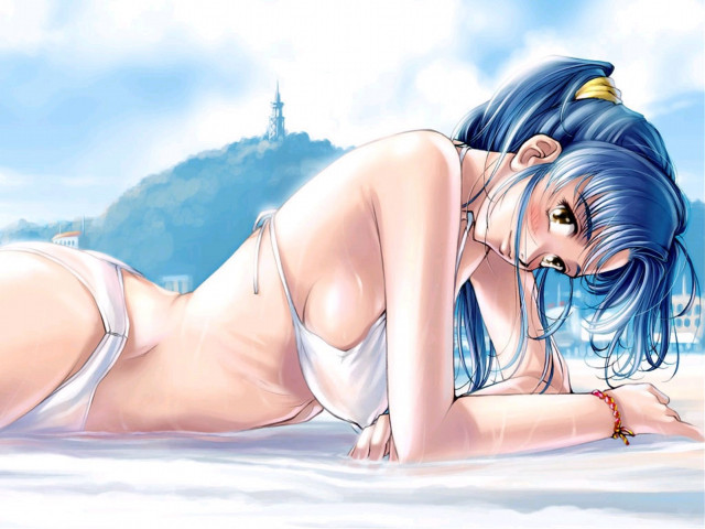 Beach castle bluehaired girl anime free wallpaper for desktop - medium preview image