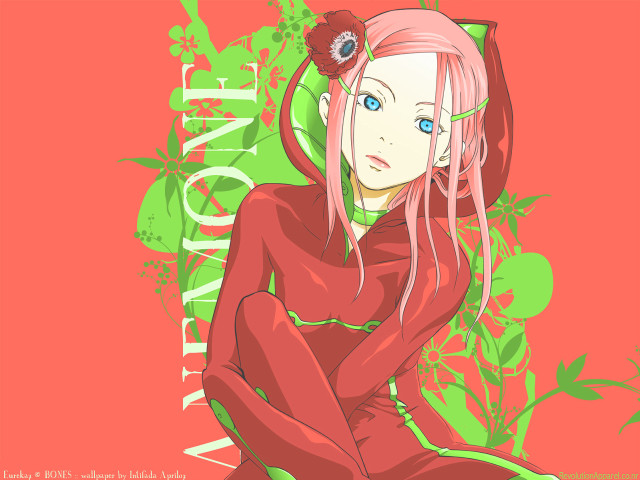 Pink haired woman green chair free wallpaper for desktop - medium preview image
