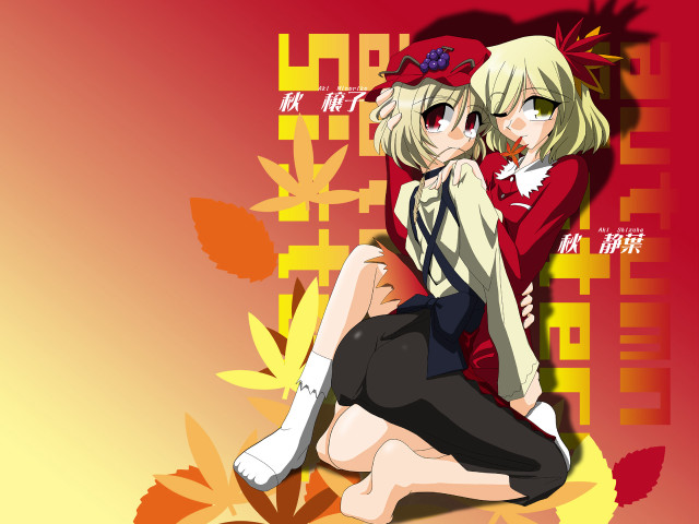 Autumn leaves anime sisters puzzle free wallpaper for desktop - medium preview image
