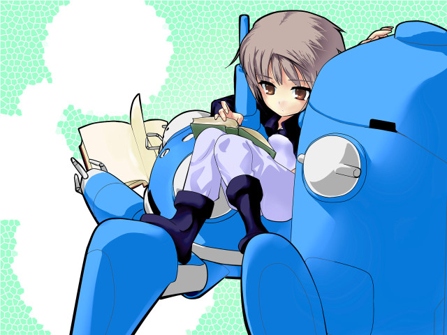 Cartoon girl reading blue mecha free wallpaper for desktop - medium preview image
