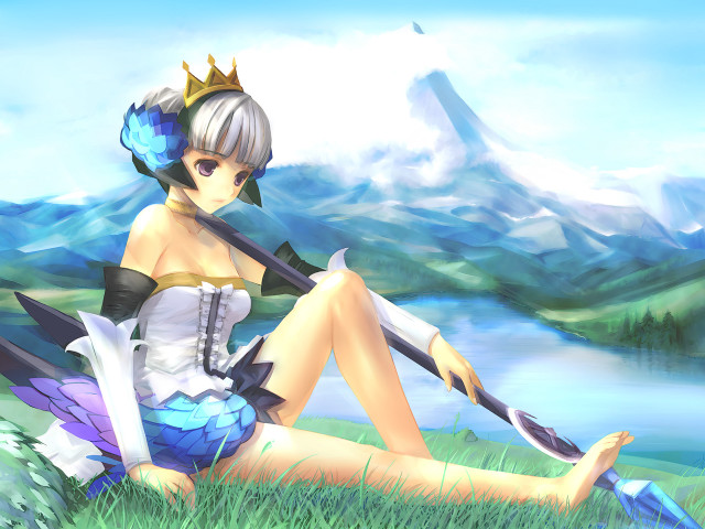 Woman sitting grass sword mountain free wallpaper for desktop - medium preview image