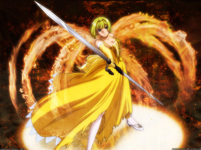 Yellow dress woman sword fire free wallpaper for desktop - medium preview image